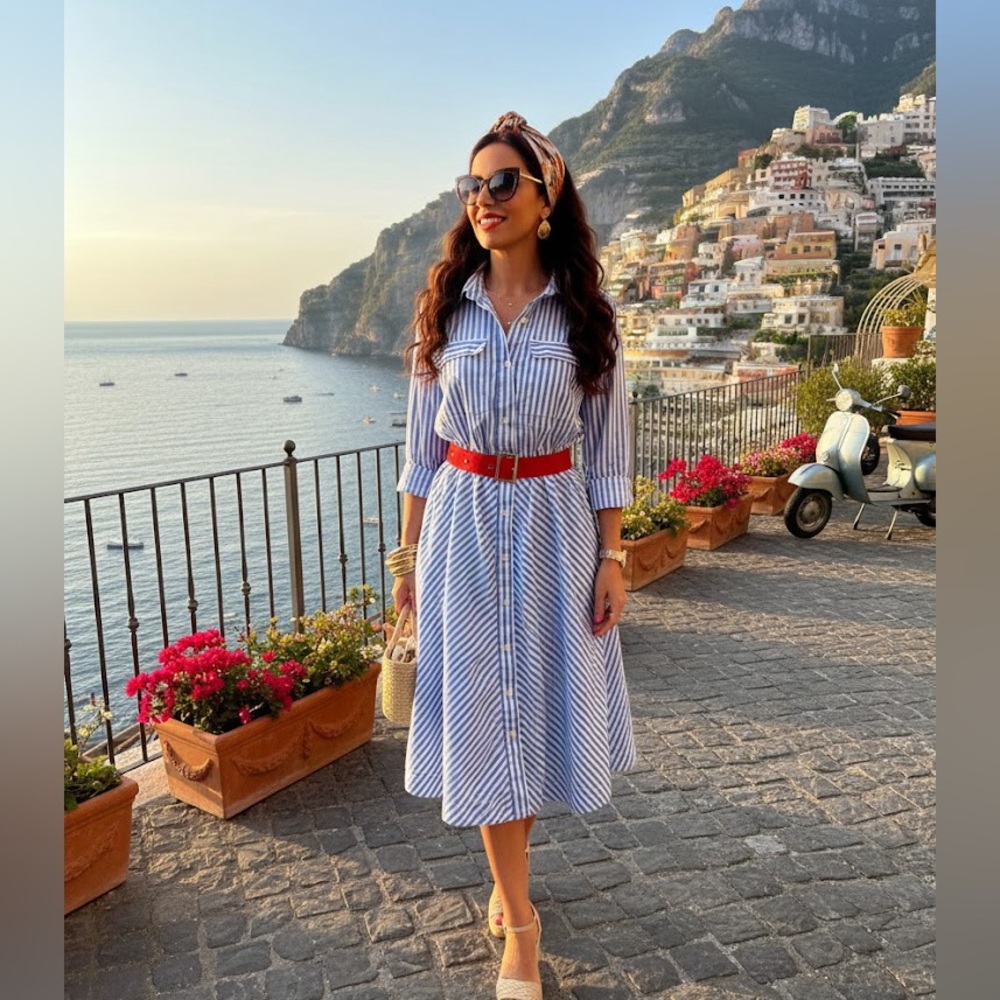 Free Assembly Striped Blue and White Shirt Dress with Red Belt